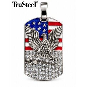 TruSteel Silver Eagle American Flag Dog Tag Necklace Iced Out CZ Patriotic Mens